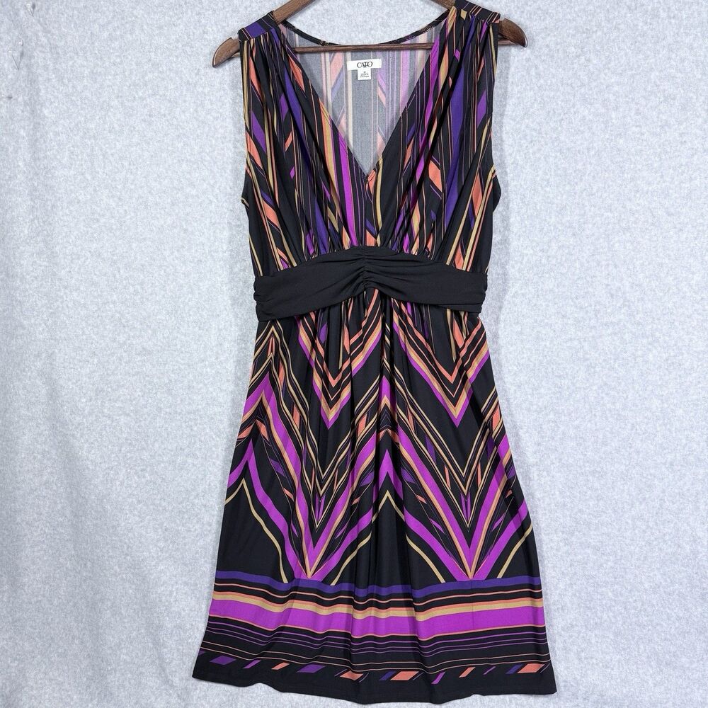 Cato Dress Womens Sz Med Black Pink Orange Sleeveless Abstract Print V-Neck